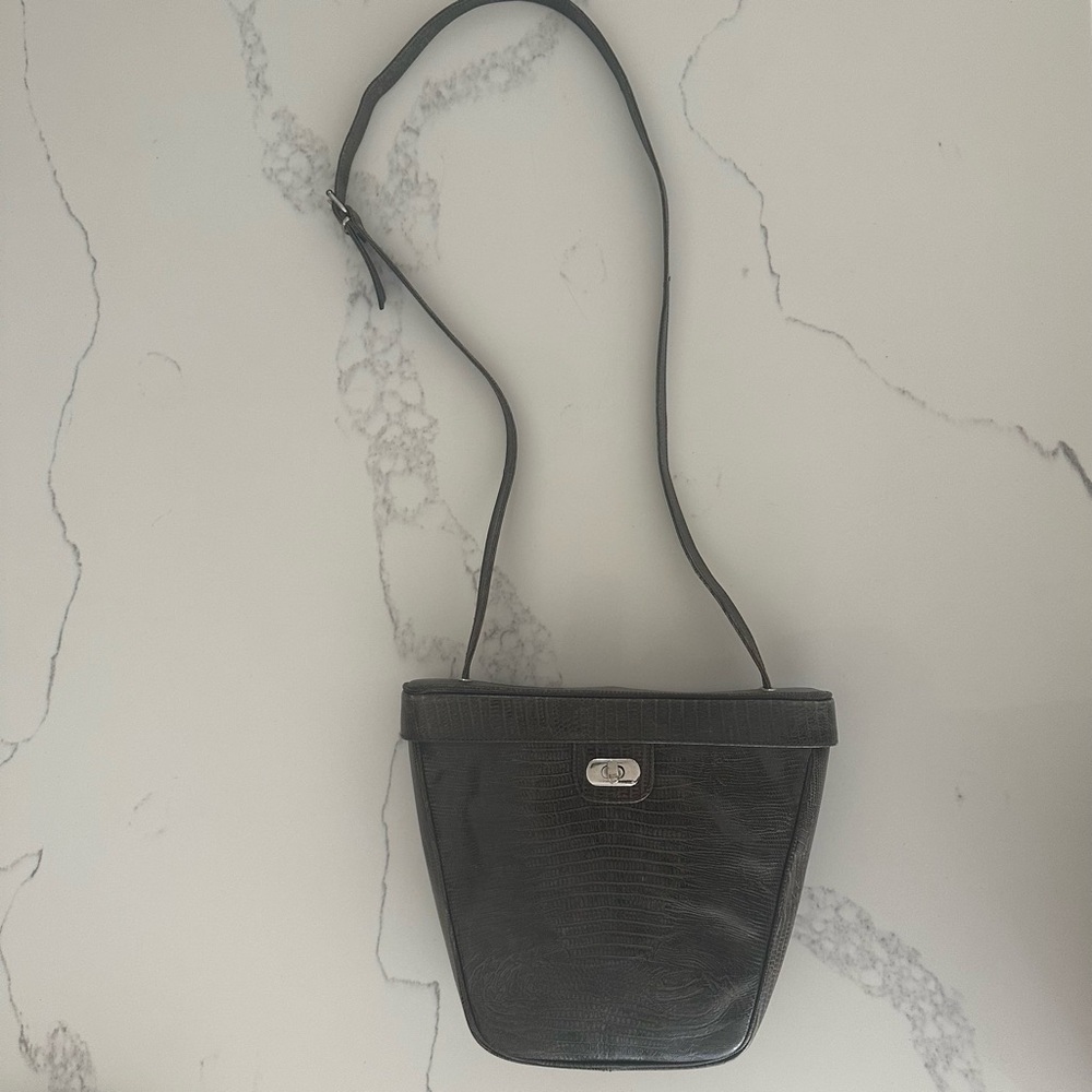 Vintage Mondi Snakeskin Embossed Leather Structured Shoulder Bag Olive Brown
